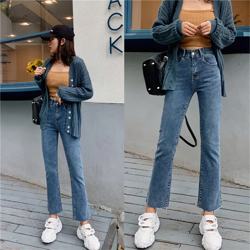 S-xl 2019 Осень корейский стиль Высокая талия расклешенные джинсы для женщин прямые