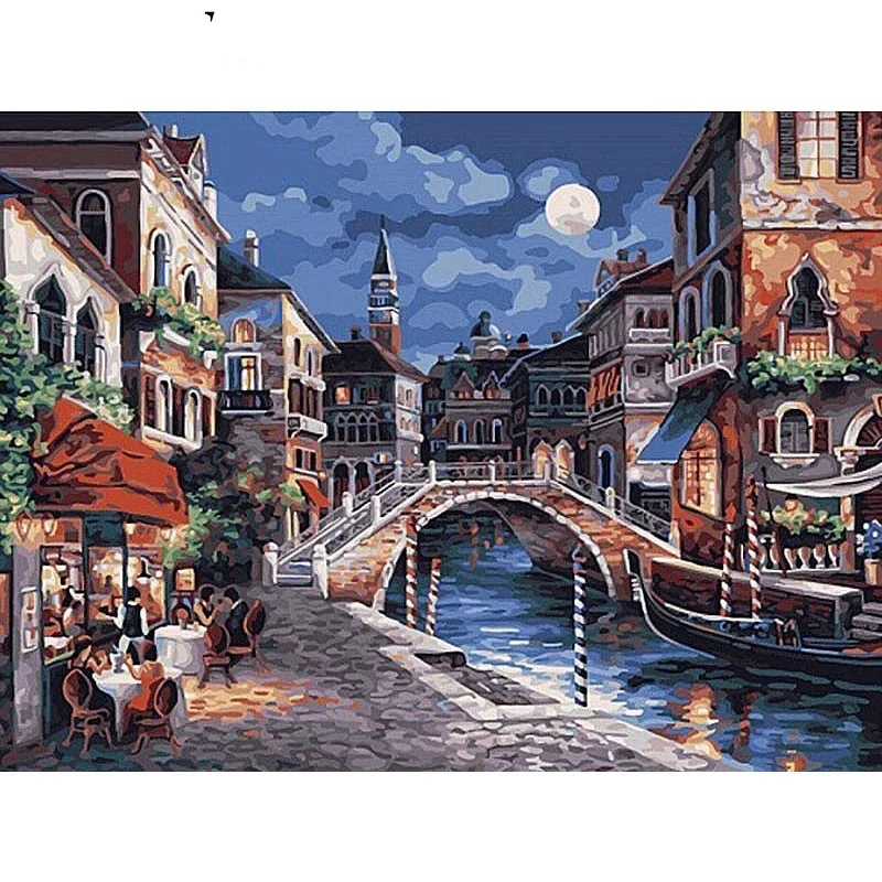 Town Night Paint By Numbers Coloring Hand Painted Home Decor Kits Drawing Canvas DIY Oil Painting Pictures By Numbers