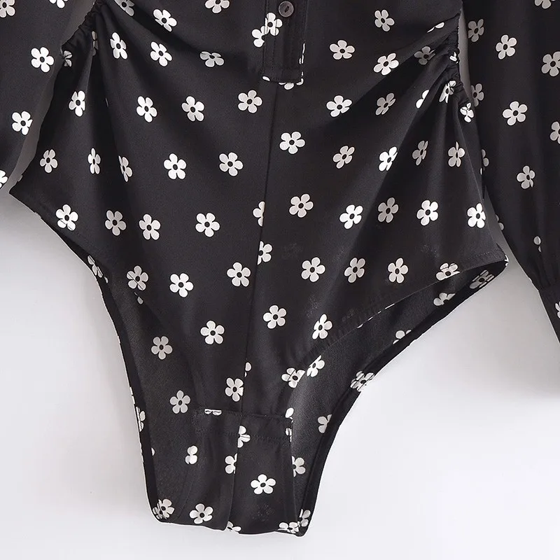 

Alldoke Summer 2021 Vintage Flora Print Bodysuit Women Turn-down Collar Long Sleeve High Waist Bodysuits Ladies Casual Jumpsuit