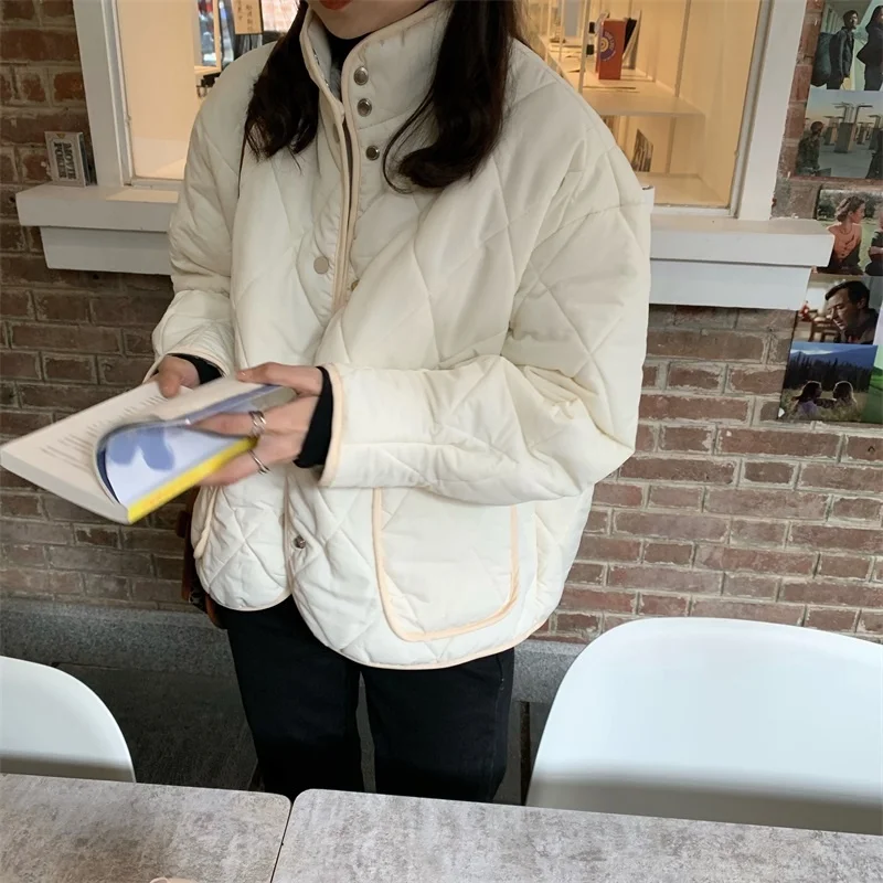 

Lingge Warm Cotton Jacket Loose Versatile Student Cotton Clothes Women's Winter Long Sleeve Cotton Clothes Rac