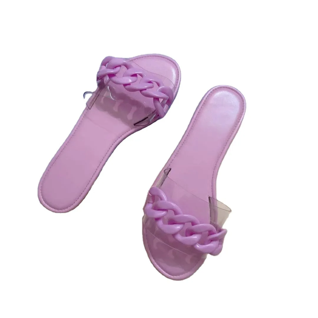 

2021 new fashion big chain decorative vamp color cute wind sandals European and American large size flat slippers