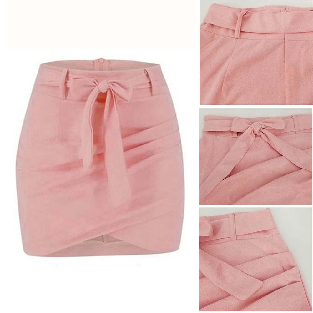 

Women Solid Color Slim High Waist Bandage Belt Asymmetric Bodycon Mini Skirt Ladies high waisted solid color sexy skirt