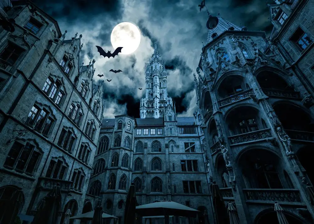 

Full Moon Halloween Night Backdrop Sky Bats Haunted Castle Photography Background Hallowmas Party Photo Studio Props