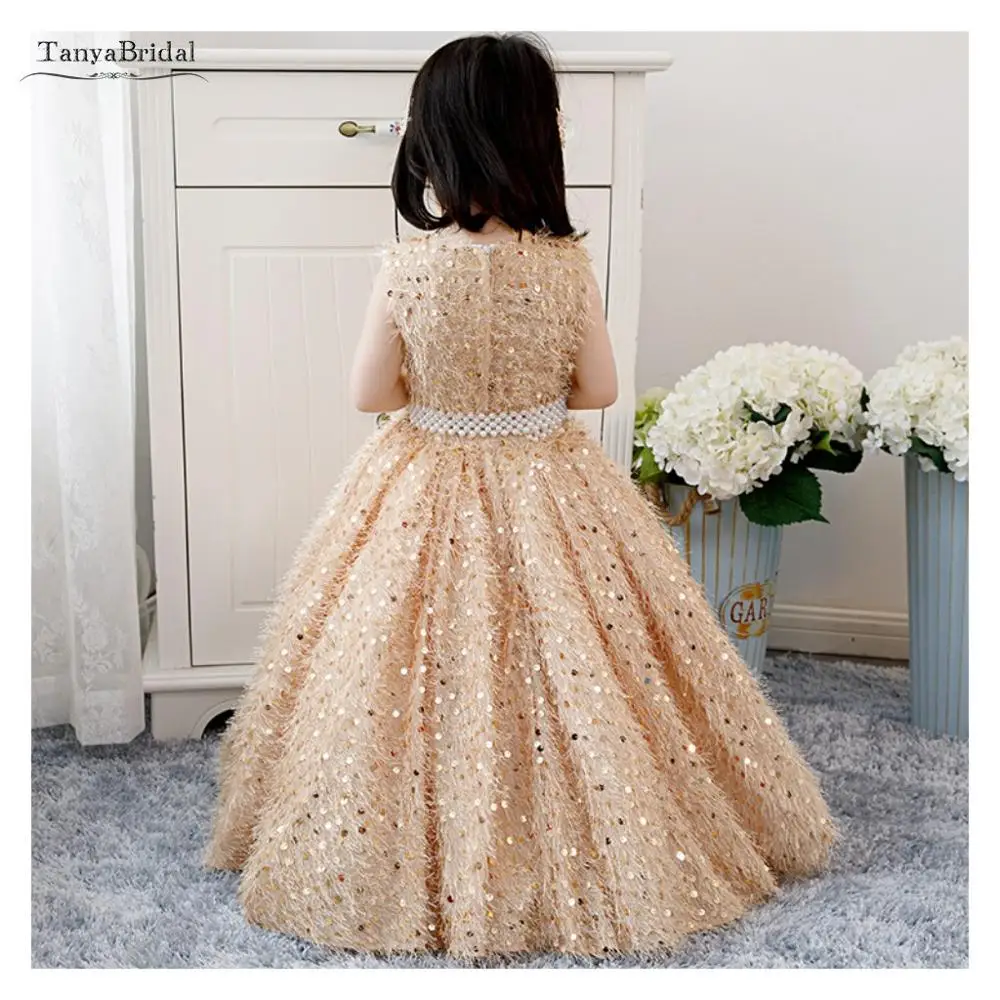 Cute Ball Gown Flower Girls Dresses for Party and Wedding Champagne Gold Bling Sequins Long Formal Gowns Baby Girl XF044 | Свадьбы и
