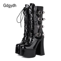 gdgydh lace up buckled long black patent boots with chunky heel fashion dance boots women high quality fall platform thick sole