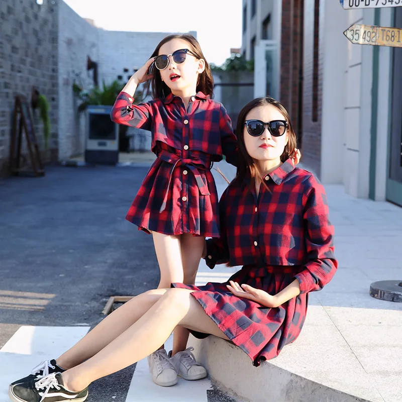 

PPXX Autumn Winter Plaid Girl Women Dress Shirtdress Mother Daughter dresses Family Matching Clothes outfit Family Look