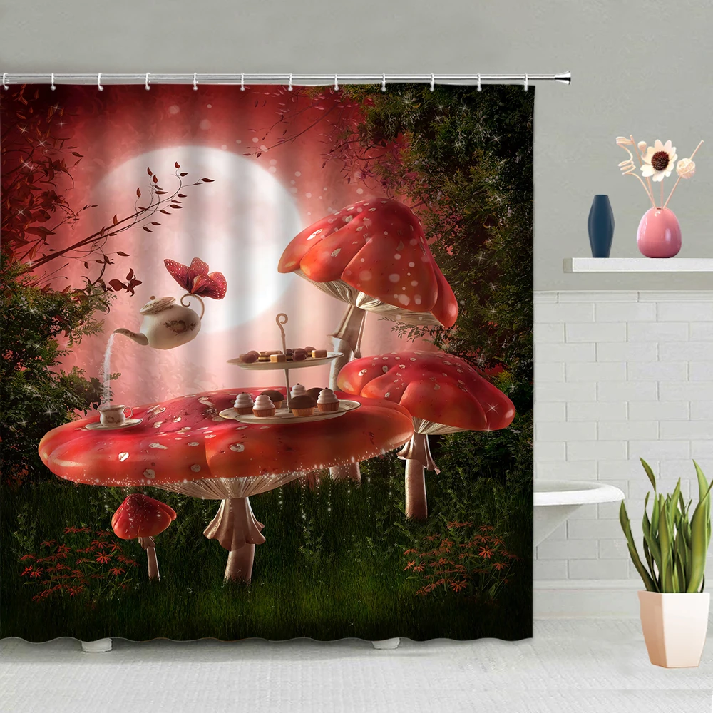 

Creative Personality Mushroom Background Decoration Bathroom Accessories Shower Curtain Waterproof Polyester Fabric With Hooks