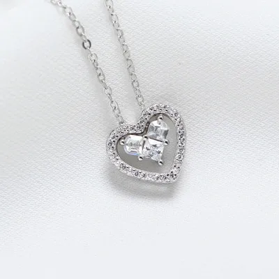 

S925 Silver color Girls Necklace Korean Version Love Heart shaped Necklace Personality Diamond Double Heart Clavicle Necklace