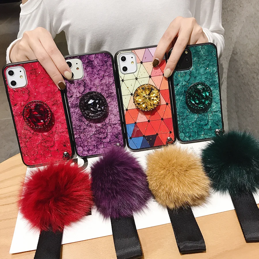 Чехол из ТПУ для samsung Not10Plus S10P для iPhone 11 Pro MAX 6 6splus 8Plus 7 Plus DIY держатель с кристаллами+ меховой шарик+ ремешок чехол для телефона