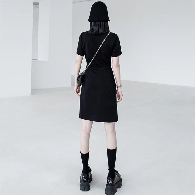 

[EAM] Women Black Plaid Spliced Slim Dress New Stand Collar Short Sleeve Loose Fit Fashion Tide Spring Summer 2021 1DD7562