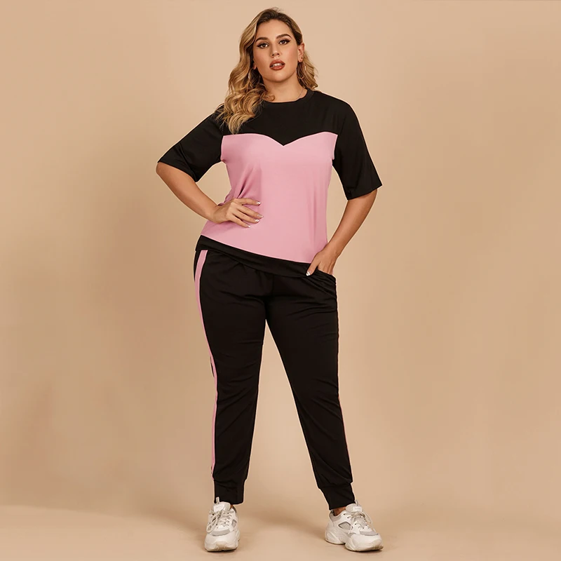 

Summer Women's Dress 2021 Clashing Colors Half Sleeves Plus Size Tops Stretch Waist Slim Trousers Sports Blouse 4XL Tracksuit