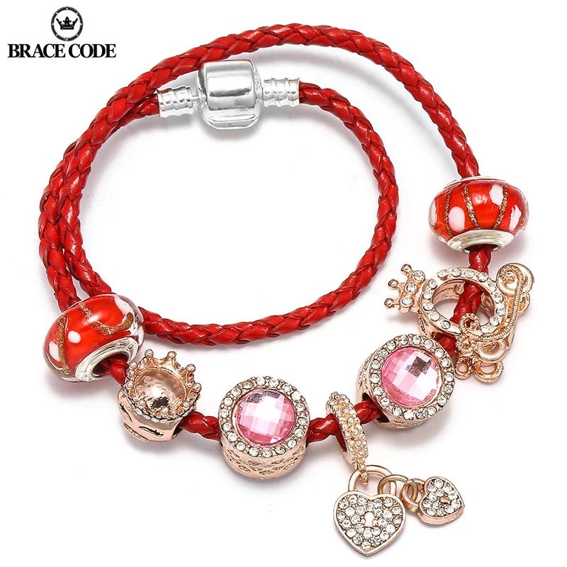 

BRACE CODE Crown Queen Bracelet Rose Gold Heart Shape Bead Pendant Leather Chain Brand Bracelet Ladies and Children's Gifts