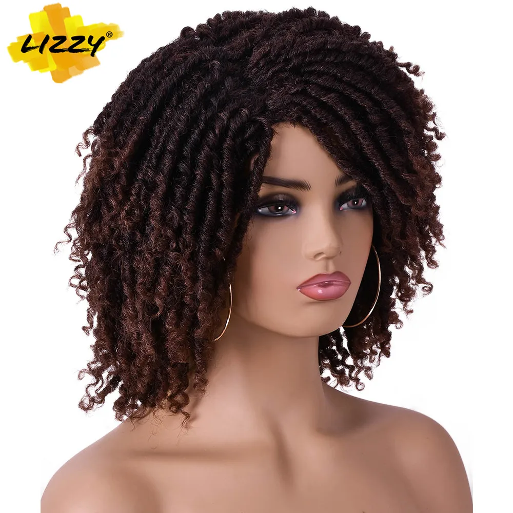 

Dreadlock Hair Curly Wig Short Crochet Twist Hair Natural Ombre Brown For Black Women and Men Afro Synthetic Wigs 14inch Lizzy