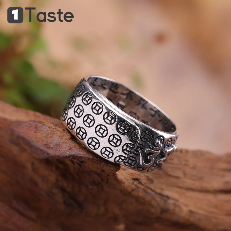 

ONE TASTE 925 Sterling Thai Silver Men's Ring Chinese Lucky Beast Pixiu Garnet Heart Sutra Open Ring Fine Jewelry Ethnic Vintage