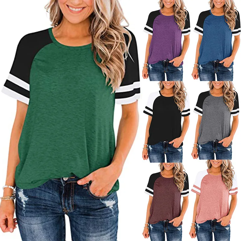 

Spring And Summer 2021 New European and American Women's Splicing Raglan Sleeve Short Sleeve Stripe Contrast Loose T-shirt