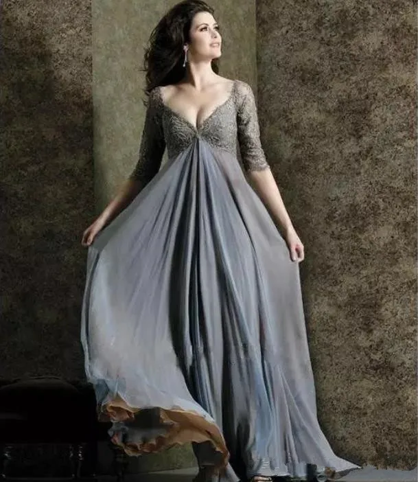 

Chic Plus Lace Mother Of The Bride Dresses Sleeves V-Neck Empire Waist Mother Of Groom Dress Floor-Length Chiffon Evening gown