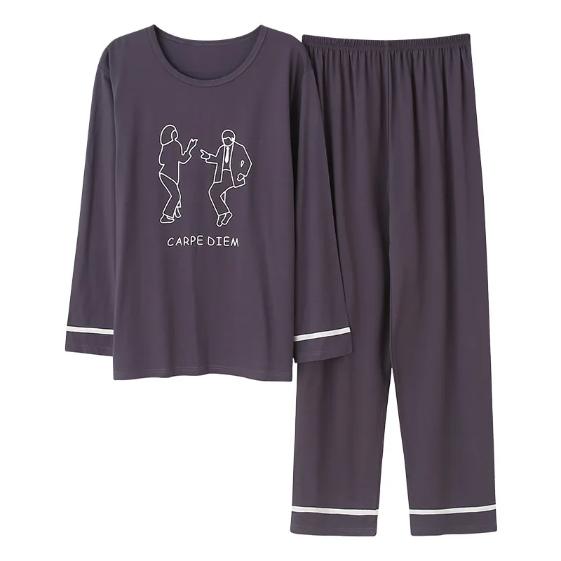 

Men's pajamas spring and autumn Korean knitted cotton round neck pullover long-sleeved trousers autumn and winter two-piece suit