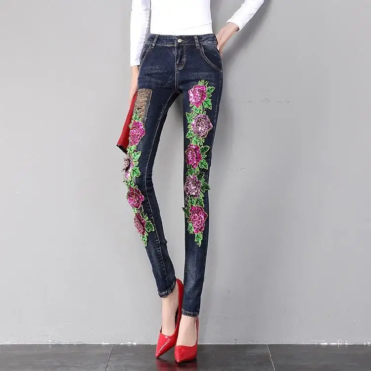 Женские винтажные джинсовые брюки с вышивкой облегающие брюки-карандаш со