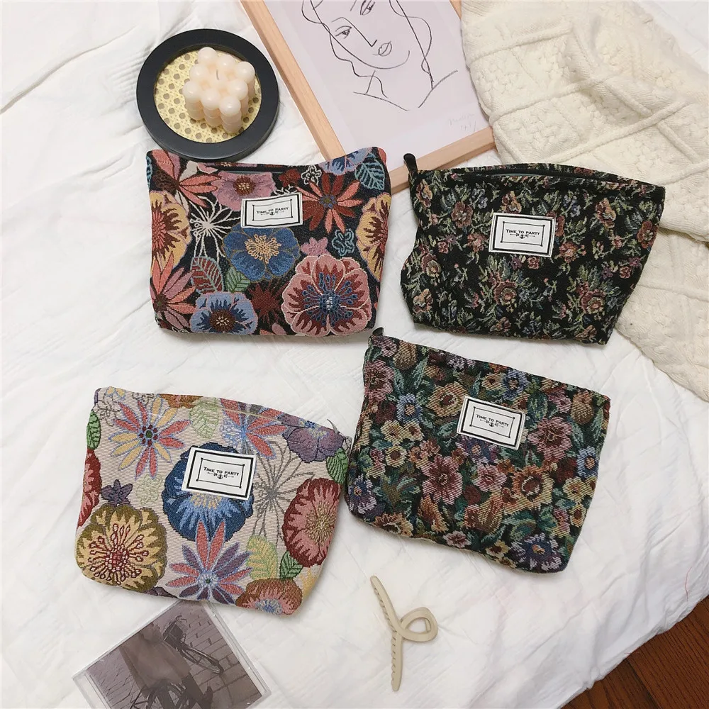 

New Cosmetic Bag Jacquard Fabric Travel Toiletry Bag Large Floral Makeup Pouch Women Necesserie Make Up Organizer Beauty Case
