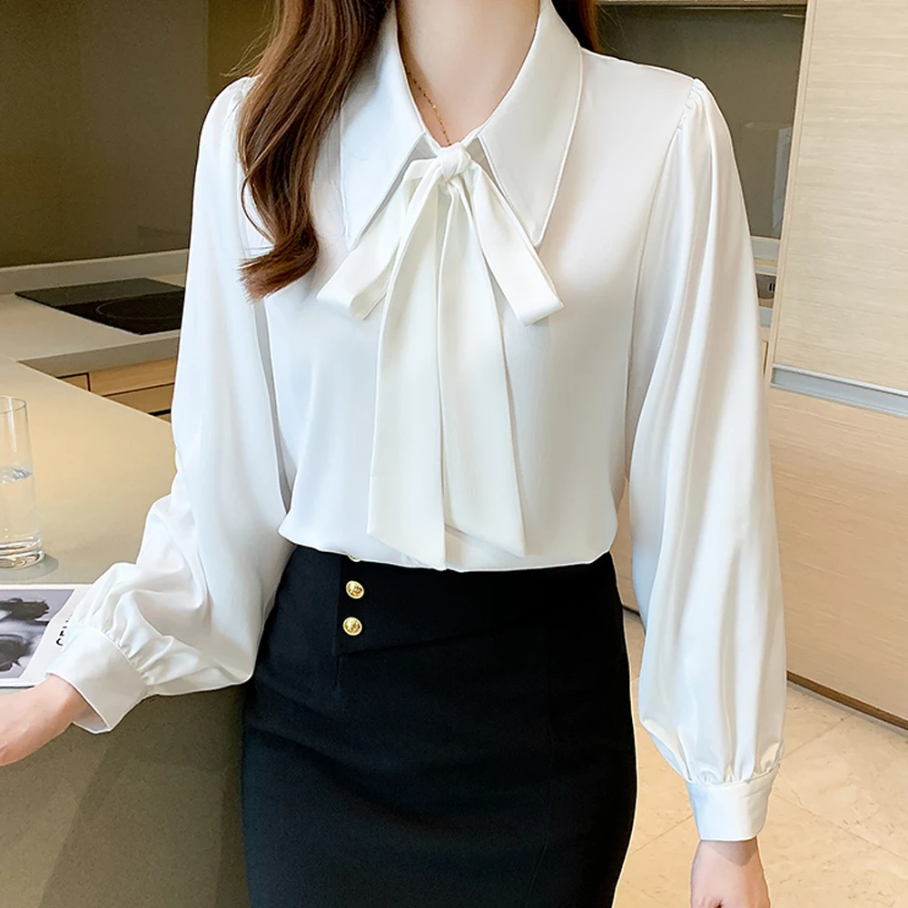 

2022 Fashion Simple Style White Blouses Elegant Office OL Bow Chiffon Shirts Spring Long Sleeve Straight Tops blusa feminina
