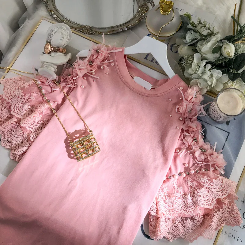 

2021 Summer Streetwear Lace Flower Beaded Women Tees Off-the-Shoulder Flared Sleeves Ladies T-shirt New Loose Korean Style Tops