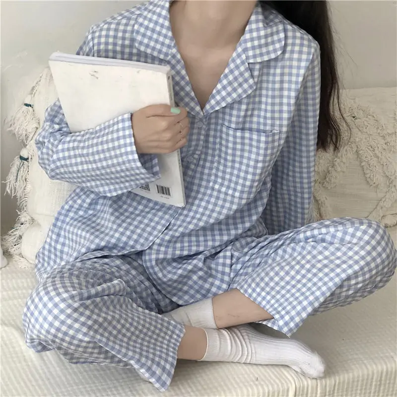 

Autumn Sweet Bule Plaid Print Pajamas Set For Women Long Sleeve Cotton Sleepwear With Pocket Top+pants Female Homewear Nightsuit