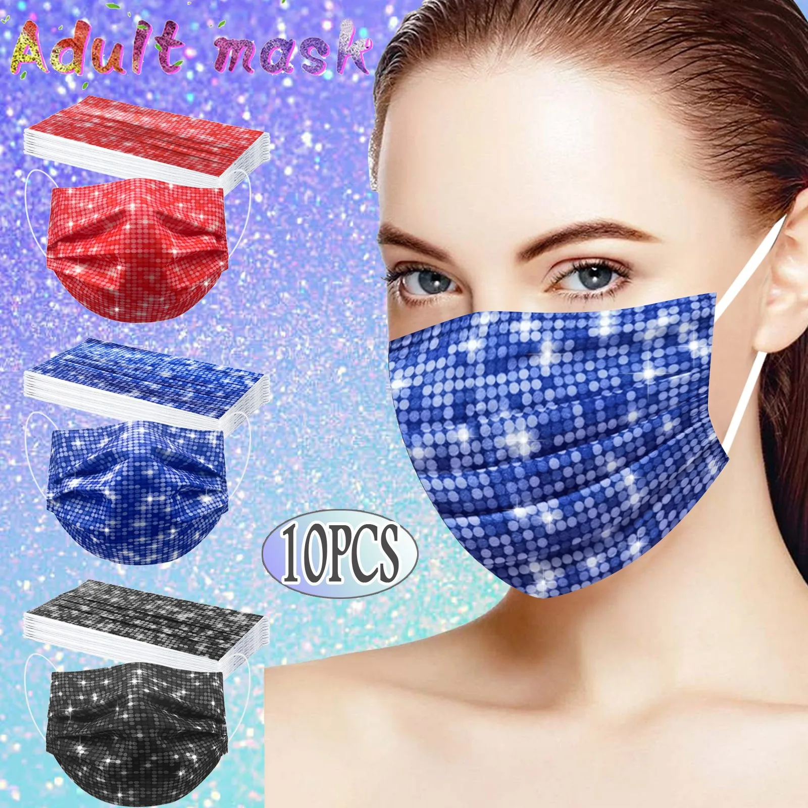 

10pcs Adult Sparkling Print Disposable Face Mask 3 Ply Ear Loop Anti-pm2.5 Masks Protective Mask Facemask Masque Маска На Рот