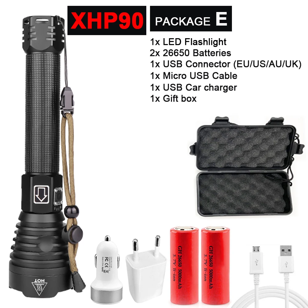 Package E-XHP90 Супер яркий XHP90/70,2 светодиодный фонарик, супер мощный фонарь, USB лампа с зумом, фонарь с зумом, работающий от аккумулятора 18650 26650 - Испускаемый цвет: Package E-XHP90