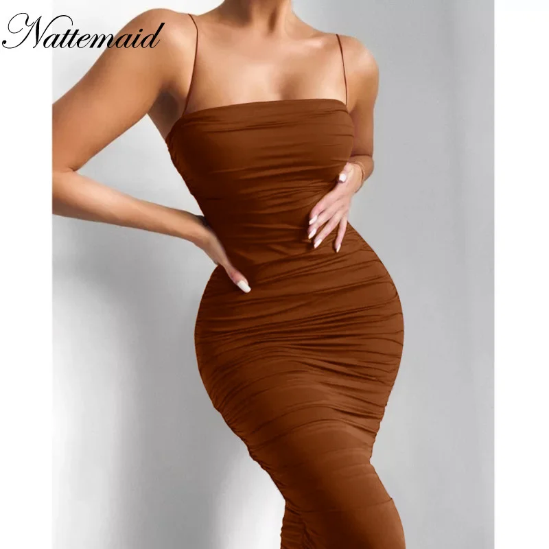 Женское платье миди с рюшами Nattemaid летнее открытой спиной элегантное облегающее