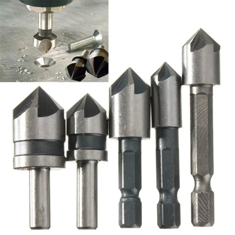 

5pcs 5 Flute HSS Countersink Drill Bit Set 82 Degree 1/4inch Shank Counter Sink Chamfering Bits Cutters For Woodwork Power Tools