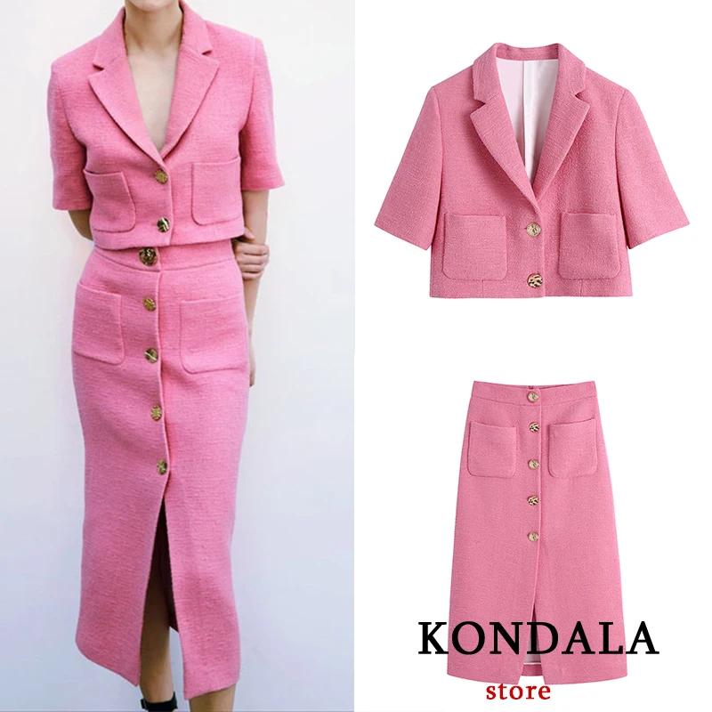 

KONDALA Women New Summer 2021 Fashion Suits Za Pink Short Blazer Jacket And Casual Skirt Women Sets Vintage Texture 2 Pieces Set
