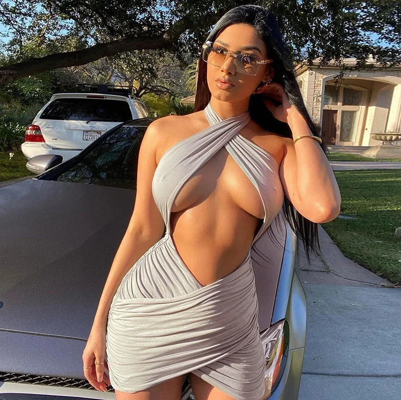 

Solid Women Halter Mini Dress Ruched Hollow Out Bodycon Backless Sexy Streetwear Party Club Elegant 2021 Summer Festival Dresses