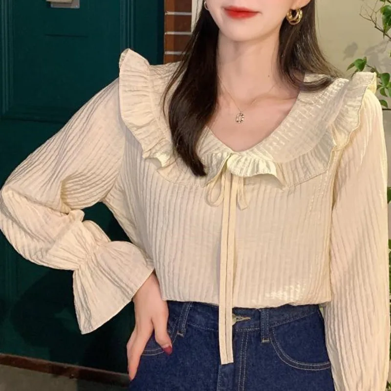 

French Chic Top Early Autumn Temperament 2021 Blouse Small Fresh Sweet Doll Collar White Shirt Rac