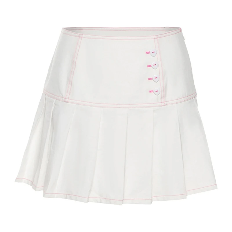

Женская плиссированная мини-юбка с завышенной талией и молнией, белая юбка трапециевидной формы с пуговицами-сердечками и оборками, летняя ...