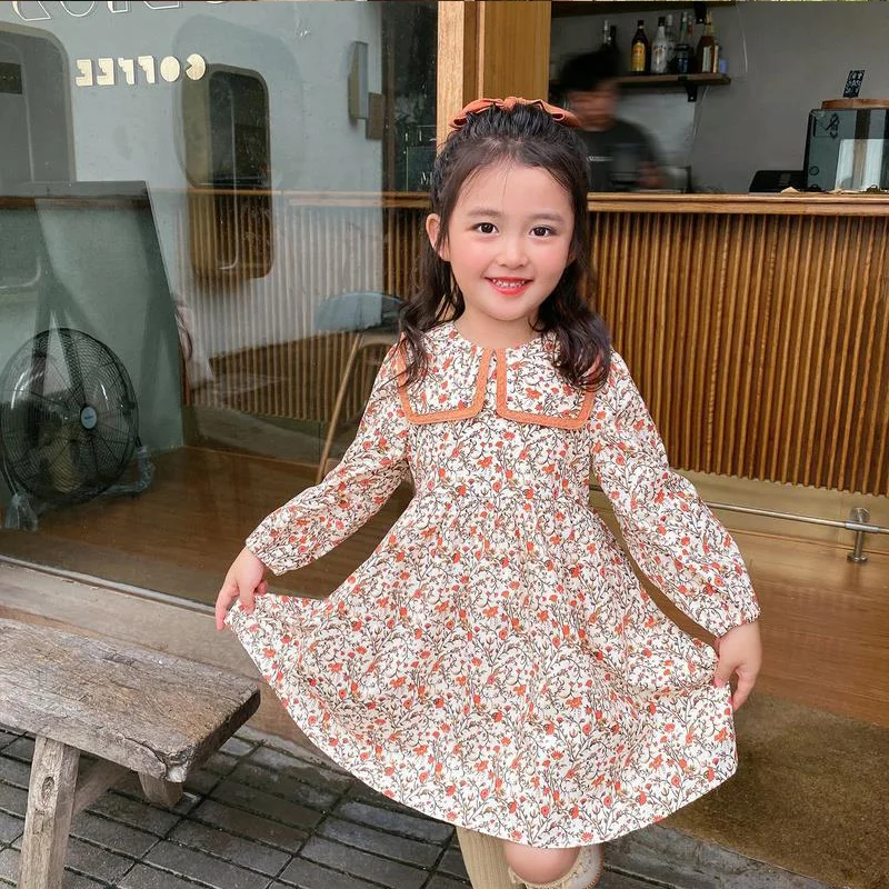 

Платье с цветами для маленьких девочек, весна-осень 2021, детская одежда, детское платье принцессы с цветочным рисунком, милая одежда в Корейс...