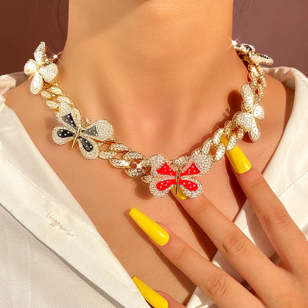 

5 pieces Big Butterfly Necklaces for Women Iced Out Cuban Link Chain Trendy Charm Jewelry Hip Hop Jewelry Luxury Choker Gift