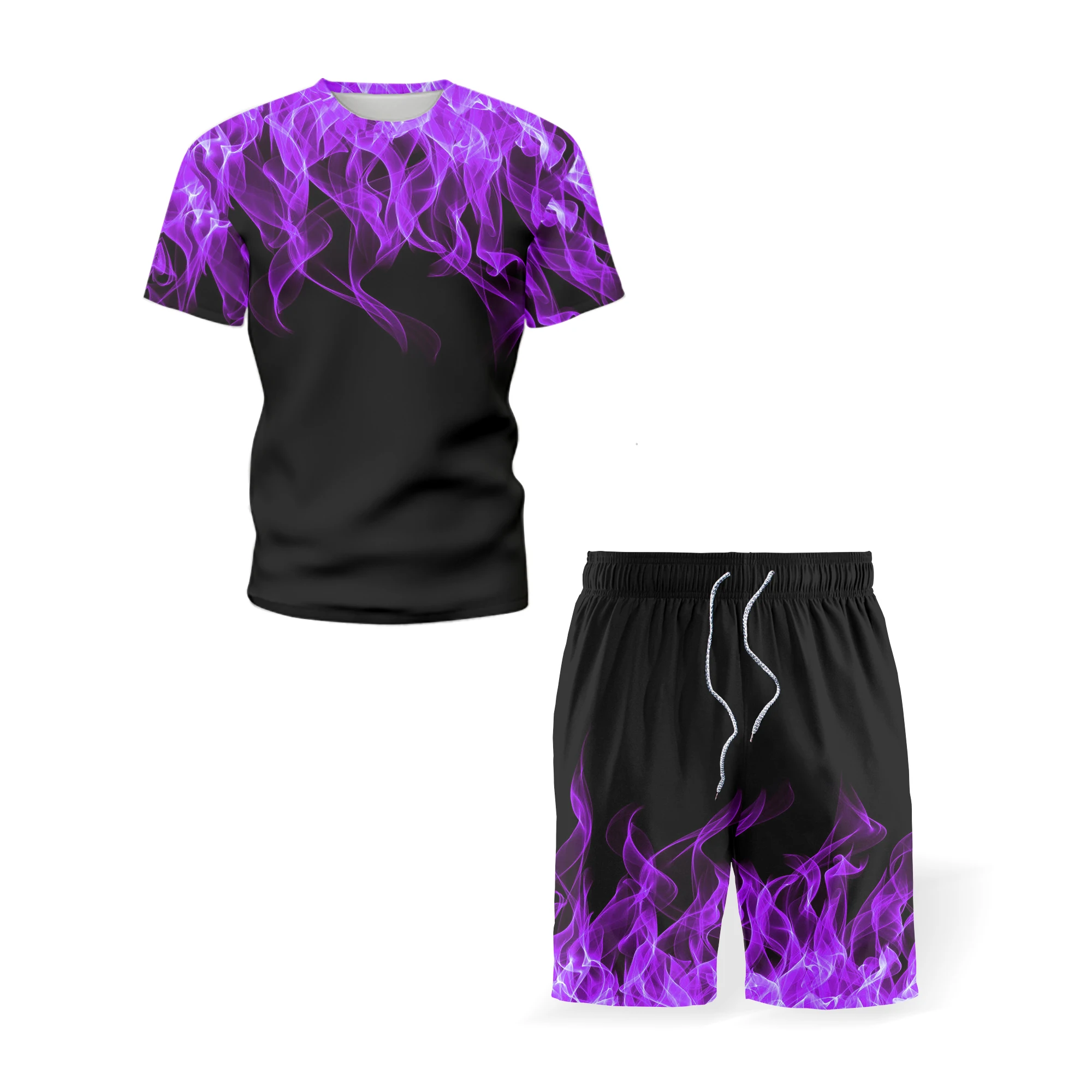 

2021 Men's 3D Flame T-shirt Set Harajuku Short Sleeve Casual Sports Street Wear Trend Short Sleeve + Shorts men's kids sets