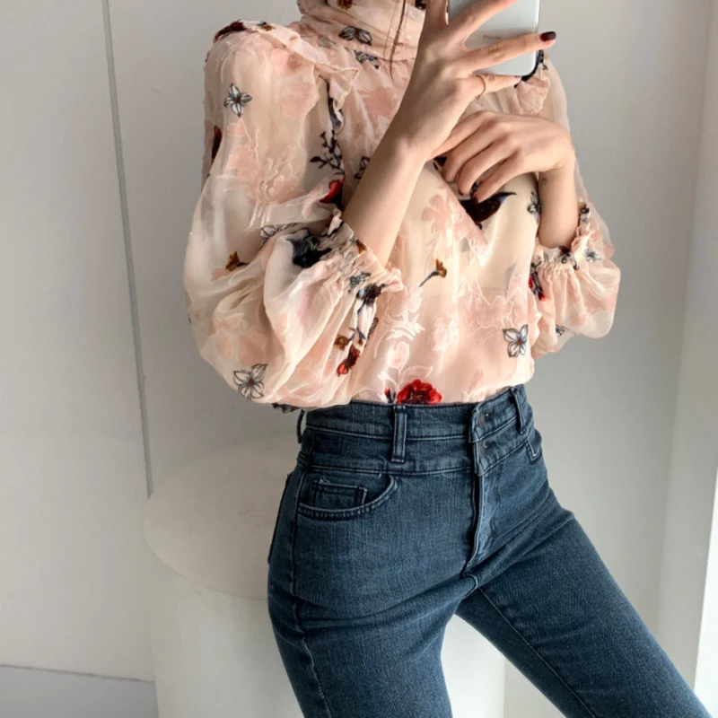 

Alien Kitty 2021 Retro Fashion Women Shirt Floral Printing Stand Collar Vintage Loose High Quality All Match Casual Top Blouses