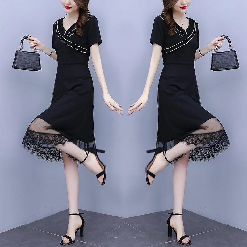 

COIGARSAM 5XL Plus Size Ruffles Women one-piece dress korean Summer Patchwork Mesh Dresses 6241