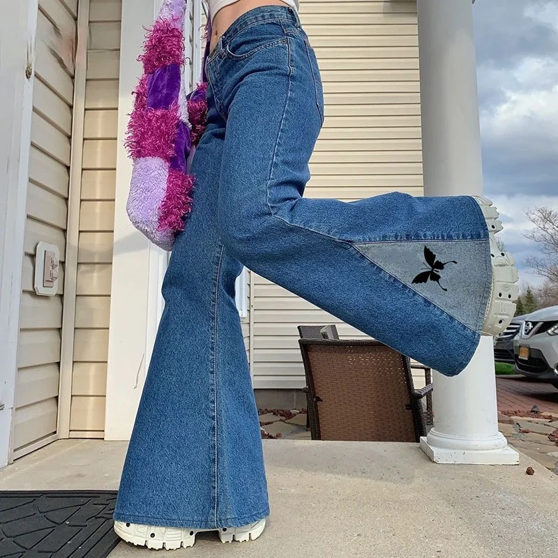 

Новинка, уличная одежда, винтажные мешковатые расклешенные джинсы 2021 Y2k, женские Джоггеры в стиле пэчворк с принтом бабочки, джинсовые спорт...