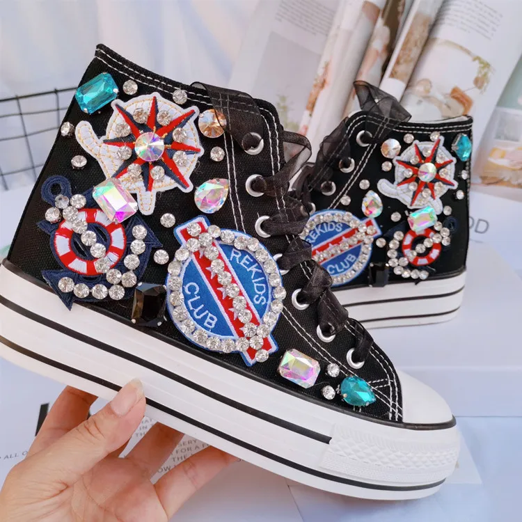 

Женские парусиновые туфли стразы на заказ, туфли на плоской подошве, высокие, ручная работа, новинка 2021, Женская парусиновая обувь с кристал...