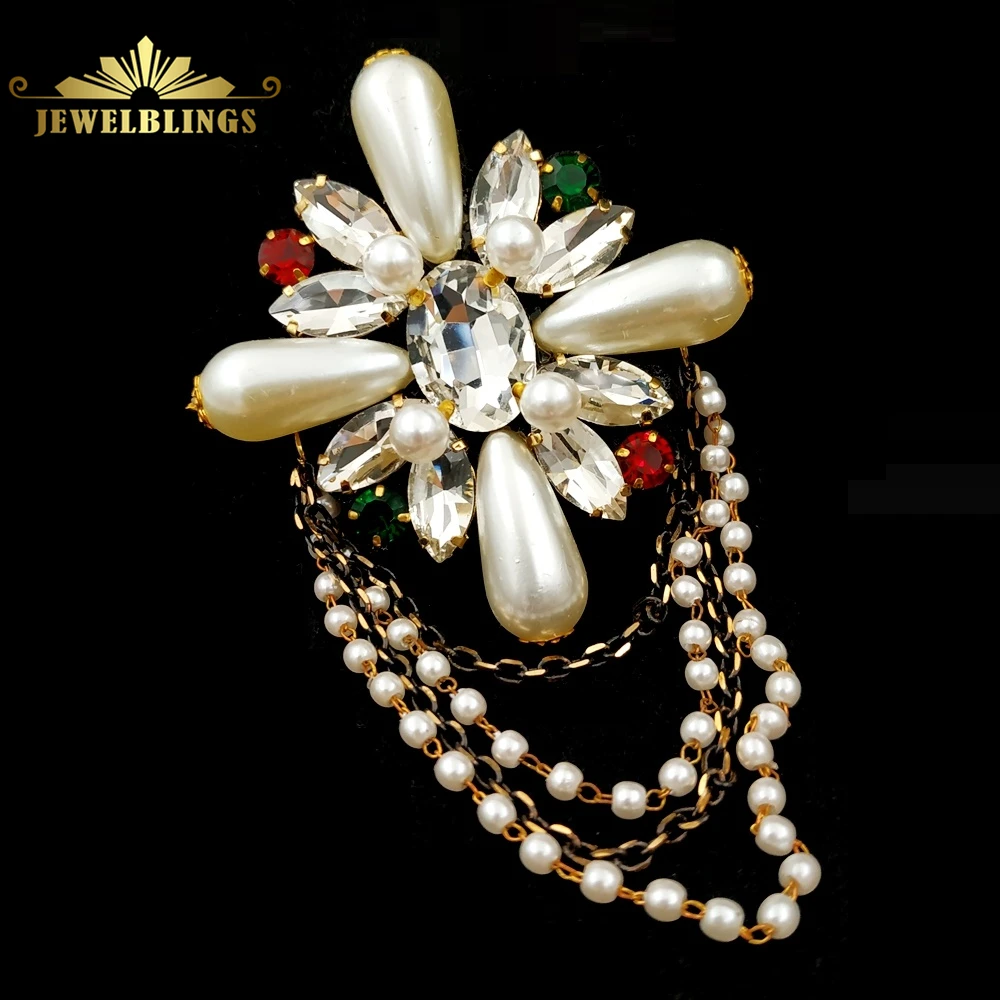 

Edwardian Vintage Multi Tassel White Imitated Pearl Cross Brooches Fabric Back Clear Crystal Ball Chain Square Flower Women Pins