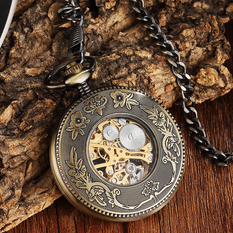 Mechanical Pocket Watch Antique Skeleton Dial Fob Chain Hanging Luxury Two Horse Waist Clock with Gift Box for Men Dropshipping