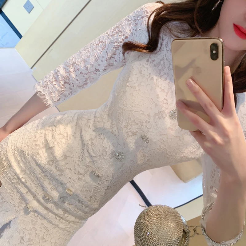 

new arrival fashion bodycon dress women elegant summer lace v-neck five sleeve dress simple temperament office lady a-line dress