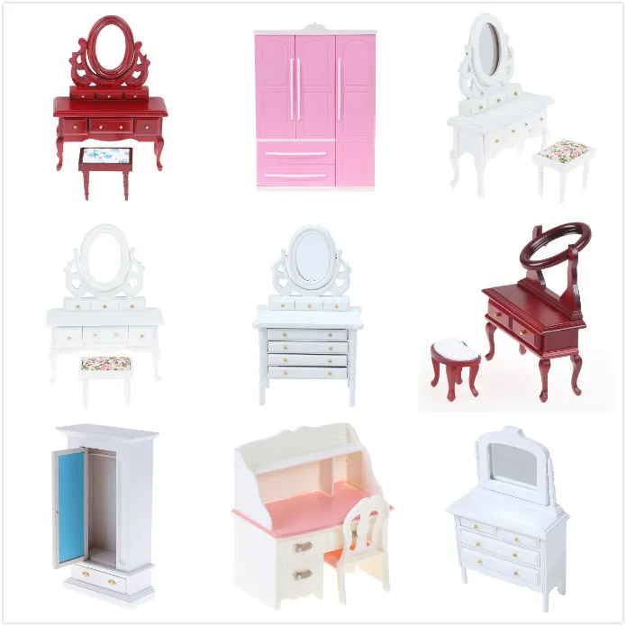 

New 1/12 Dollhouse Furniture Wooden Cabinet Wardrobe Furniture Model with Mirror Makeup Dressing Table Doll House Bedroom Decor