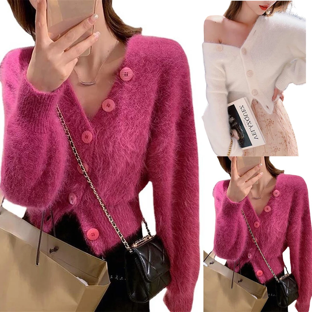 

Женский зимний Кардиган на пуговицах, короткая куртка с V-образным вырезом и длинным рукавом, вязаная верхняя одежда, топы