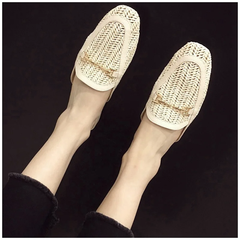 New Fashion Women Mules Slipper Low Heel Slip On Slide Sandals Cane Woven Beach Summer Slippers Flat Sandals