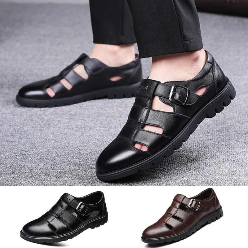 LIN KING Fashion Genuine Leather Hollow Out Men Sandals Summer Casual Shoes Breathable Outdoor Slip On Man Sandals Beach Shoes