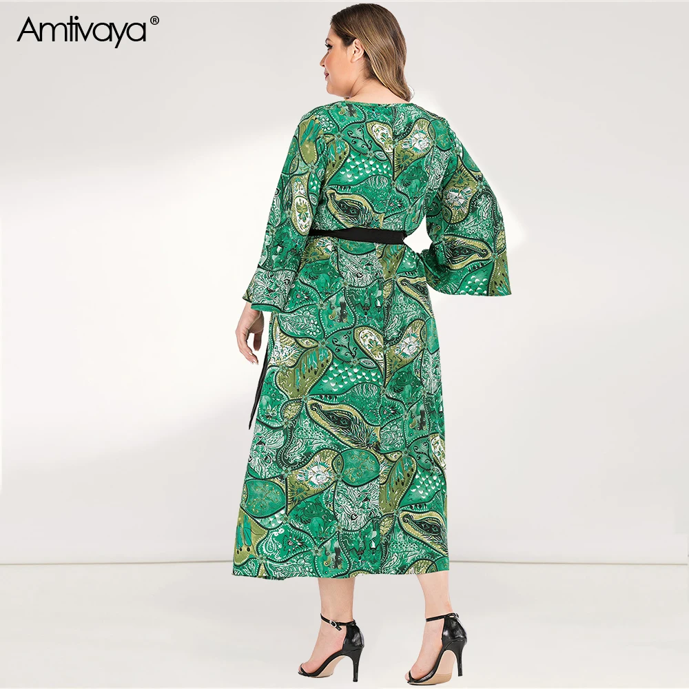 Женское платье миди с длинным рукавом Amtivaya, зеленое винтажное платье с принтом в дворцовом стиле, с круглым вырезом и расклешенными рукавам... от AliExpress RU&CIS NEW