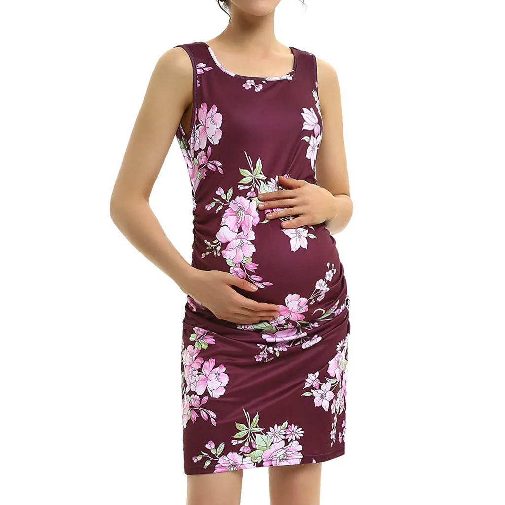 

Mother Summer Dress Fashion Women Sleeveless Clothing Maternity Print Bodycon Dress Ruched Pregnant Mini Dress #43
